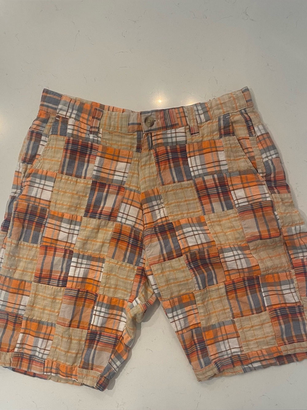 Men's Orange Madras Plaid Cotton Shorts patchwork chino